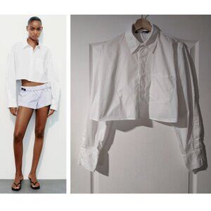 NEW! Zara | Gabardine Fabric Cropped Shirt In White